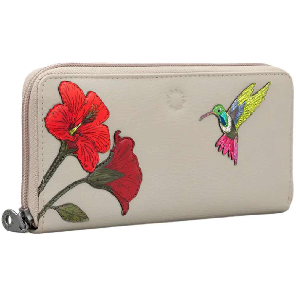 Yoshi Petals & Feathers Hummingbird Zip Round Warm Grey Leather Purse