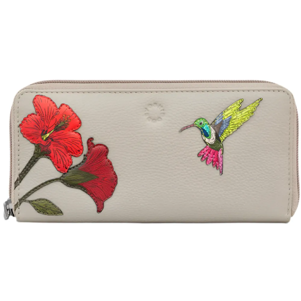 Yoshi Petals & Feathers Hummingbird Zip Round Warm Grey Leather Purse