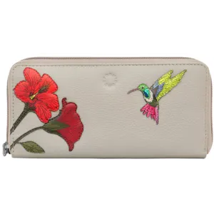 Yoshi Petals & Feathers Hummingbird Zip Round Warm Grey Leather Purse